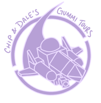A logo of a purple gummi ship lined in white flying forward with a ring and the text 'Chip & Dale's Gummi Tours' around it.